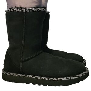 UGG Classic Special Edition Logo Trim Black Leather Suede Shearling Boots Wmns 9